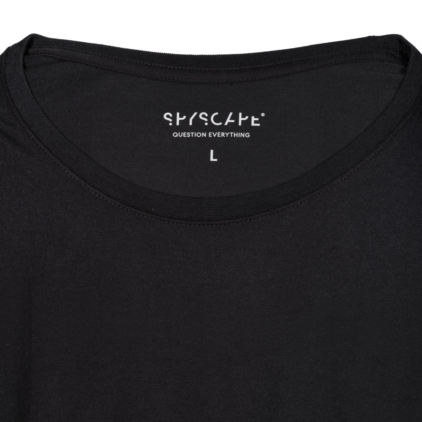 SPYSCAPE Hacker T- Shirt with Hidden Zip Pocket - inner neck print SPYSCAPE Question Everything and size