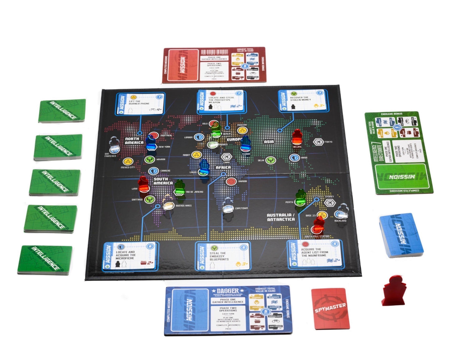 SPYMASTER - ecommerce ecommerce 100% 10 Full view of Components include: Global operations board, 6 agency player boards, 18 special meeples, 18 freelance agent meeples, spymaster card and pawn, 100 intelligence cards, 60 mission cards, 1 rulebook Screen reader support enabled. Full view of Components include: Global operations board, 6 agency player boards, 18 special meeples, 18 freelance agent meeples, spymaster card and pawn, 100 intelligence cards, 60 mission cards, 1 rulebook