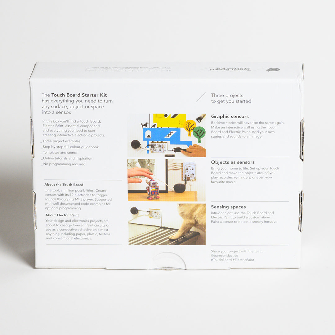 BARE Touch Board Starter Kit - Back view of Touch board started kit, "includes three project examples, step by step full colour guide book, templates and stencil, online tutorials and inspiration, no programming required.
