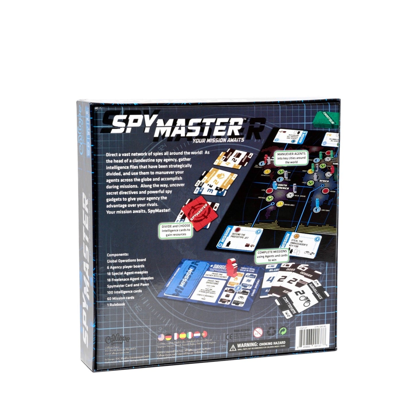 SPYMASTER - Back view of box, Direct a vast network of spies all around the world as the head of clandestine spy agency.