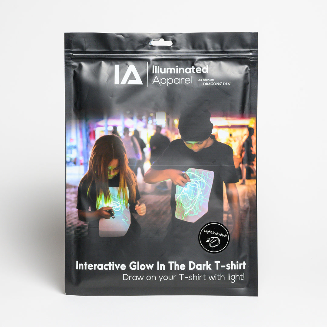 Super Green Glow Black Kids UV T-shirt with UV Keyring - Black glow in the dark t-shirt, "Draw on your shirt with light"