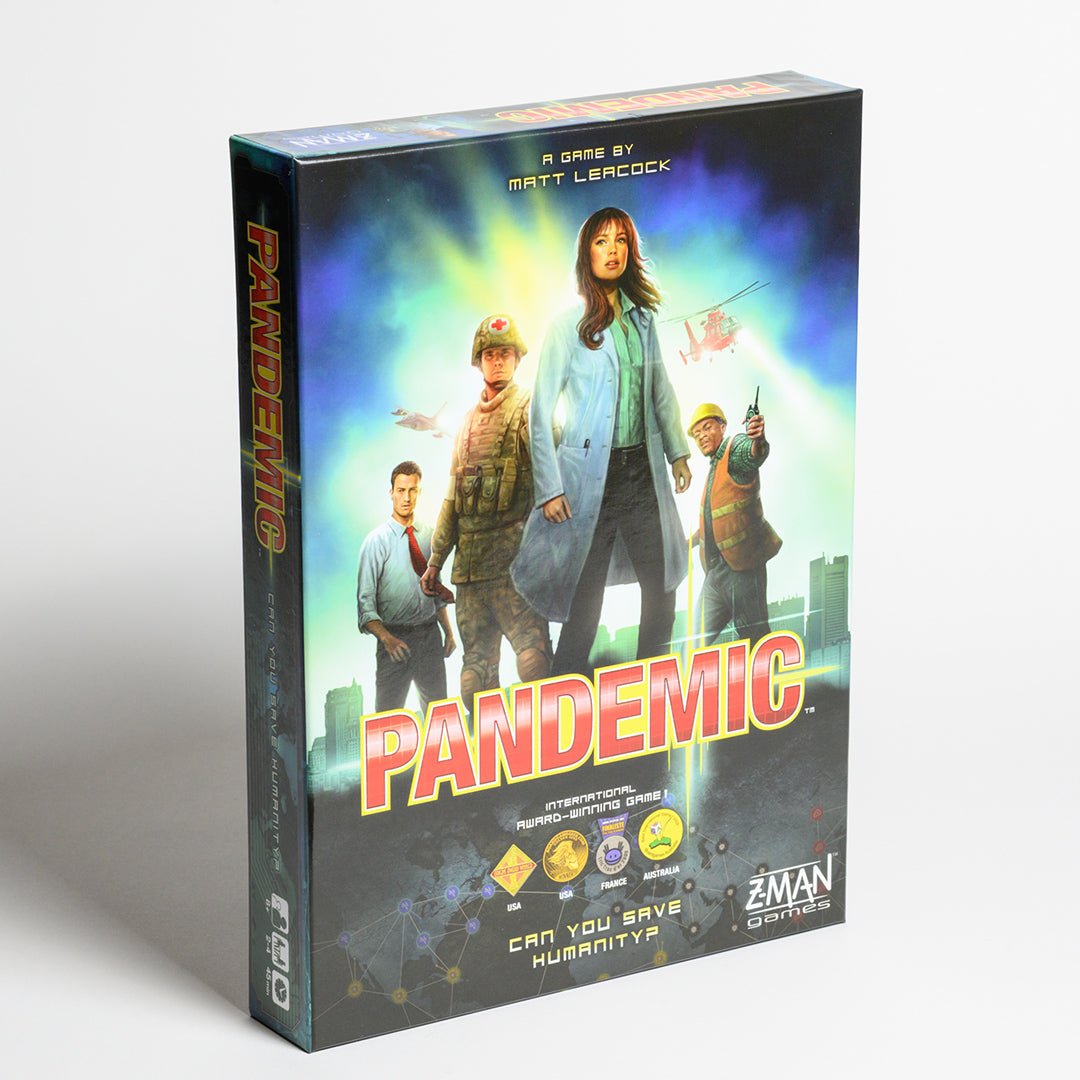 Pandemic - Front cover of board game Pandemic by Matt Lercock, International award winning game, "can you save humanity?"