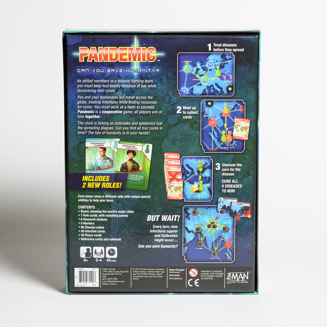 Pandemic - Back view of board game, " as skilled members of disease-fighting team, you must keep four deadly diseases at bay while discovering their cures"