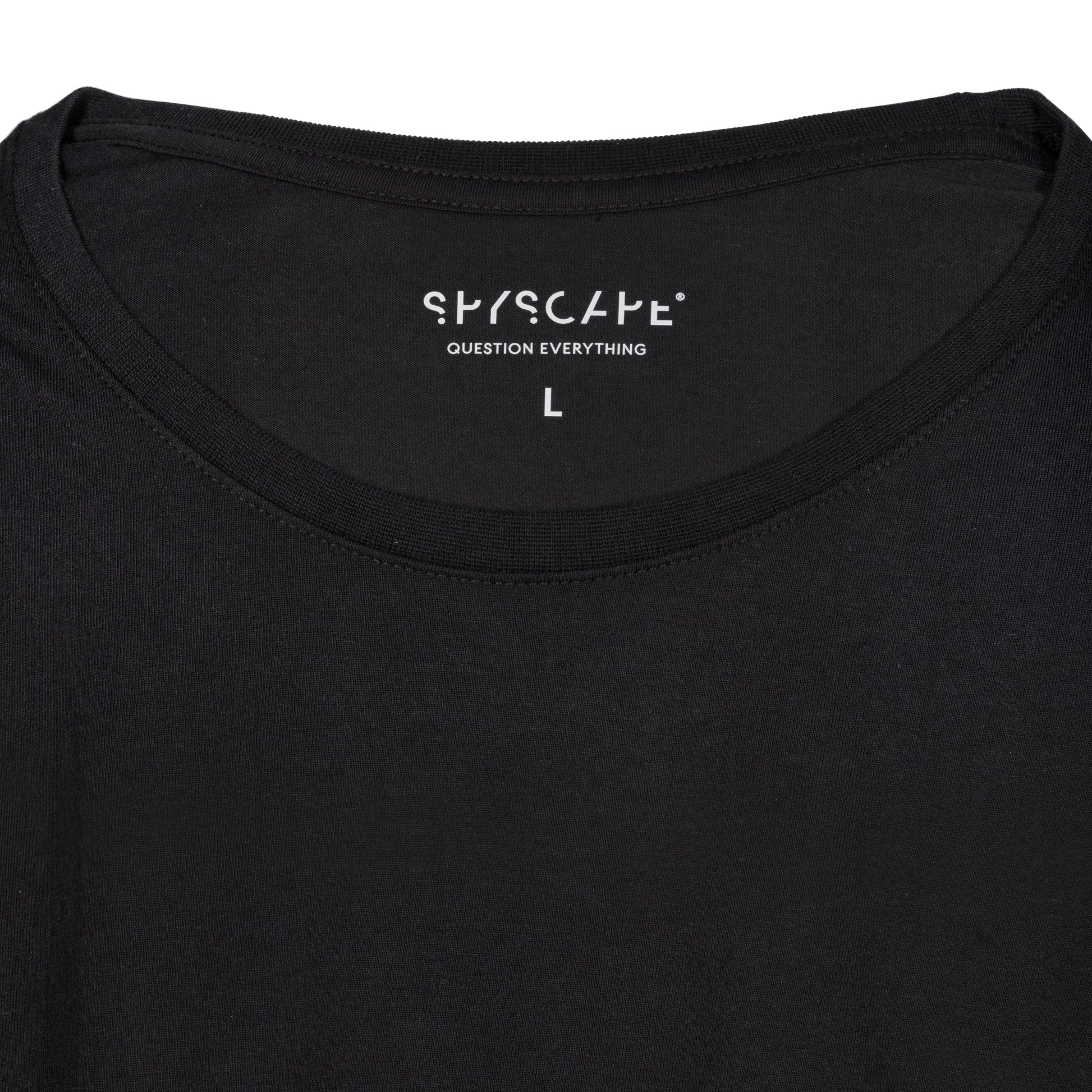 SPYSCAPE Spycatcher T-Shirt with Hidden Zip Pocket - close up of inner neck print with SYSCAPE and QUestion Everything and size