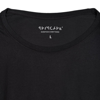 SPYSCAPE Cryptologist T-Shirt with Hidden Zip Pocket - inner neck print with SPYSCAPE and Question Everything and size printed