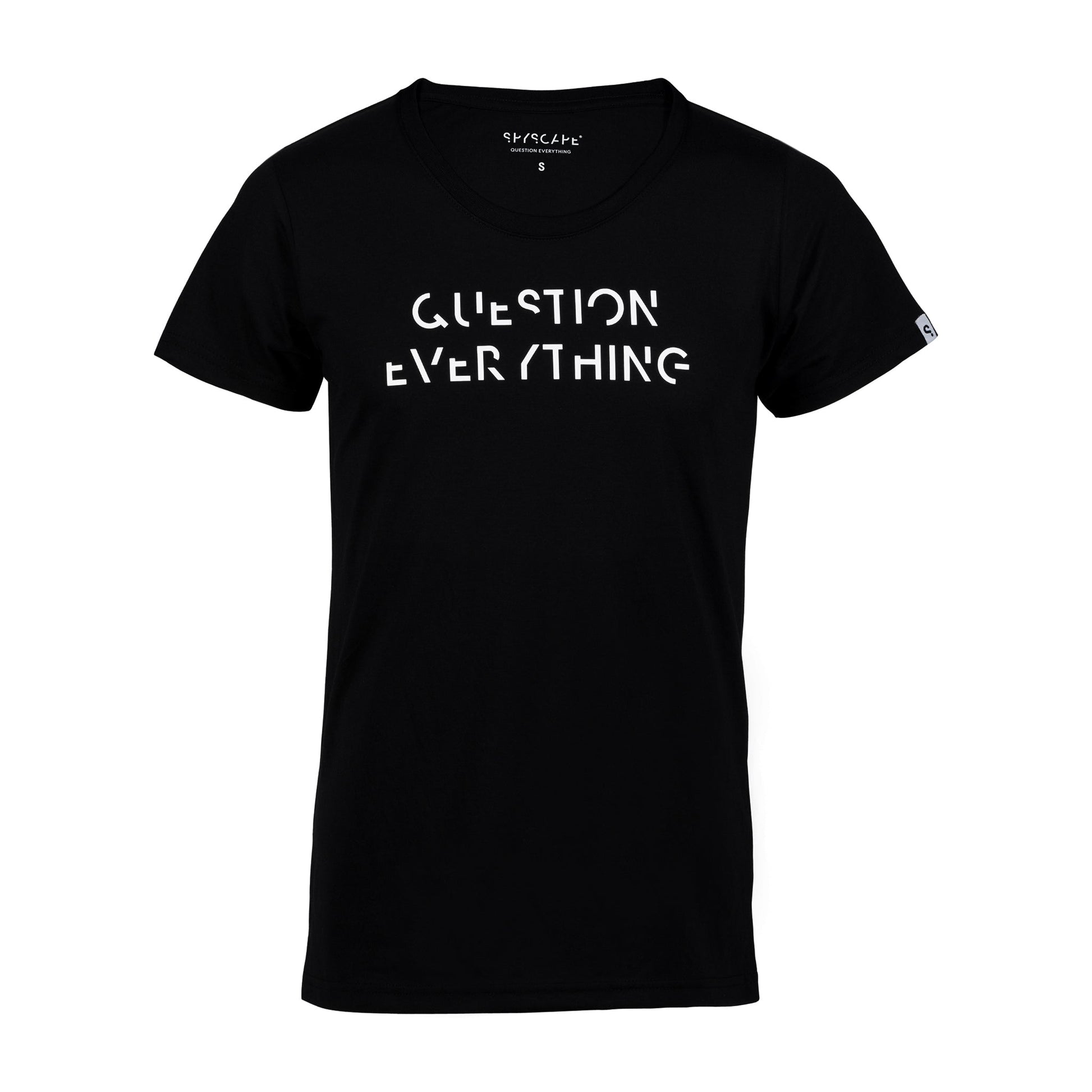 SPYSCAPE Question Everything Black - T-shirt - front view of t-shirt with QUESTION EVERYTHING on front of check 