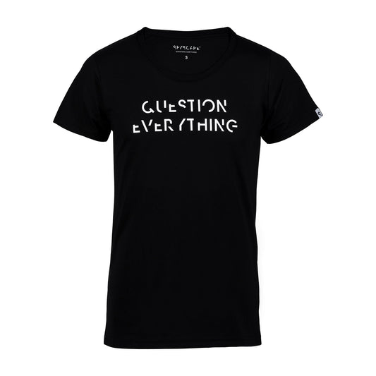 SPYSCAPE Question Everything Black - T-shirt - front view of t-shirt with QUESTION EVERYTHING on front of check 