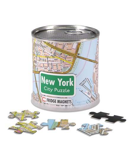 100 Piece Magnetic NYC Puzzle - Front view of can of 100 piece magnetic NYC puzzle  with pieces on the side