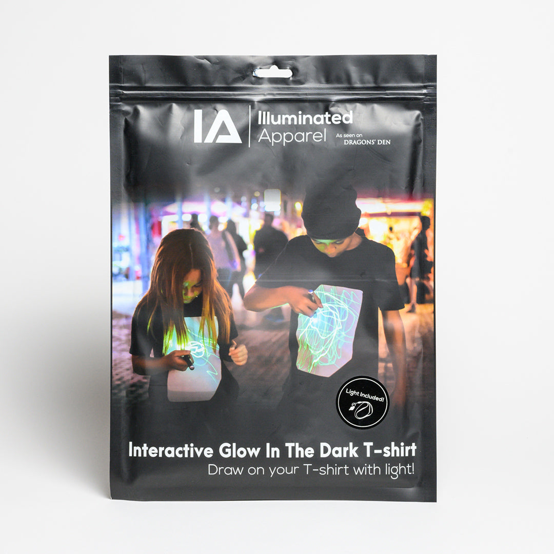 Super Green Glow Black Kids UV T-shirt with UV Keyring - Black glow in the dark t-shirt, "Draw on your shirt with light" 