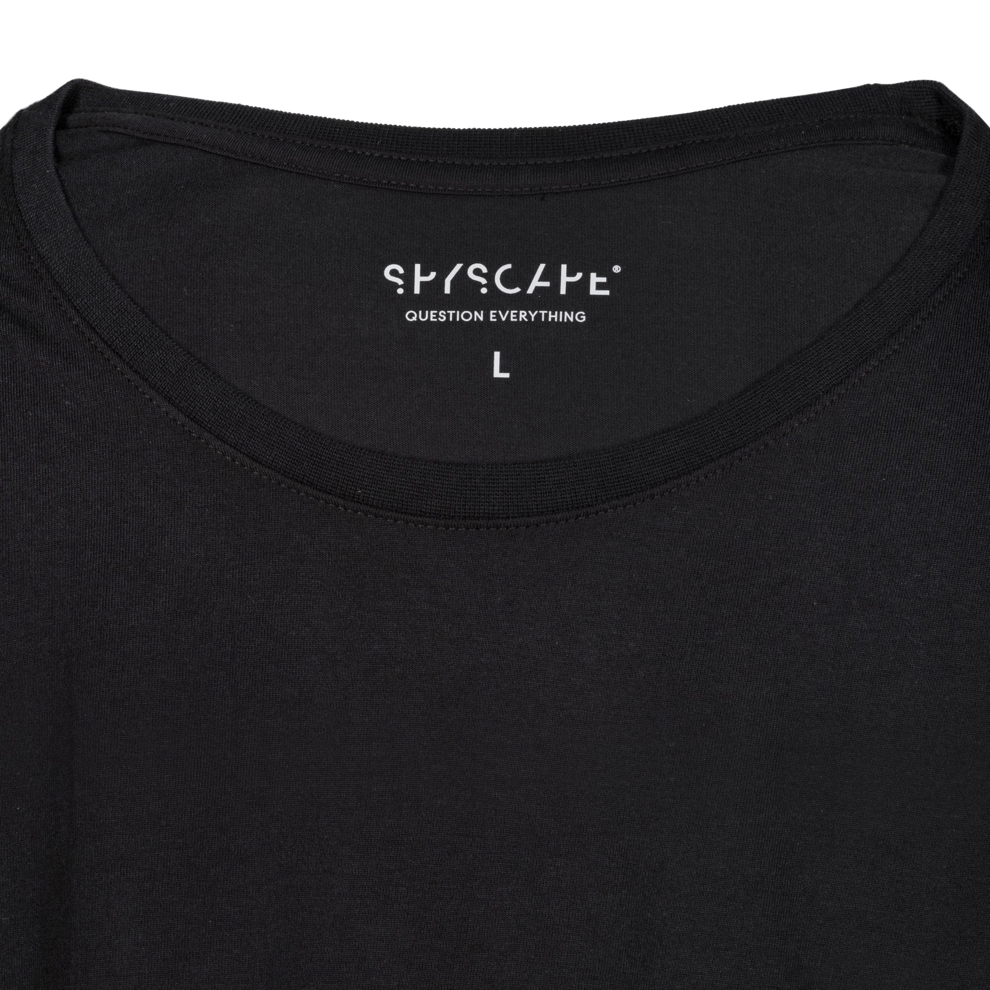 SPYSCAPE Cryptologist T-Shirt with Hidden Zip Pocket - inner neck print with SPYSCAPE and Question Everything and size printed