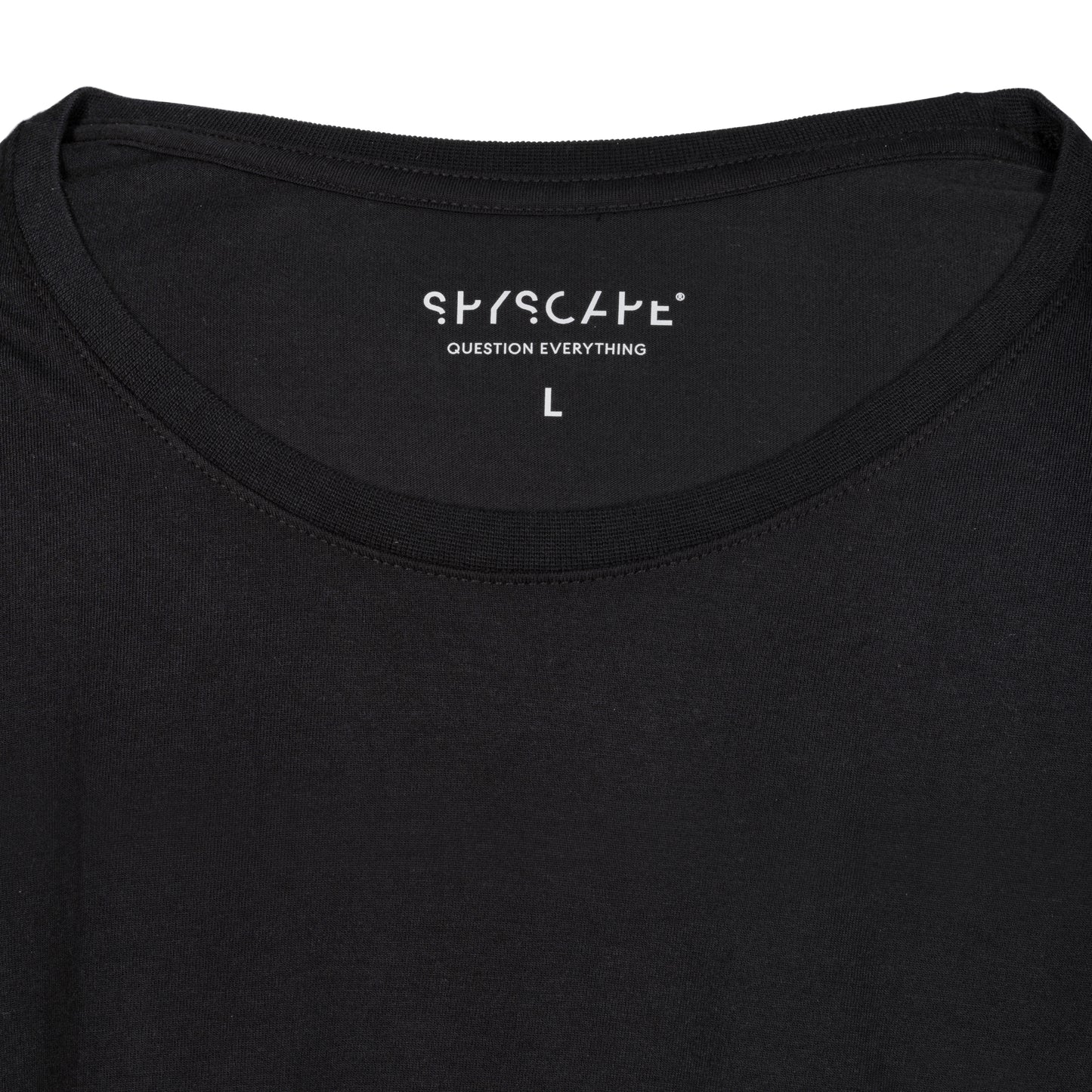 SPYSCAPE Tell the Truth T-Shirt with Hidden Zip Pocket - inner neck label print SPYSACPE Question Everything and t-shirt size