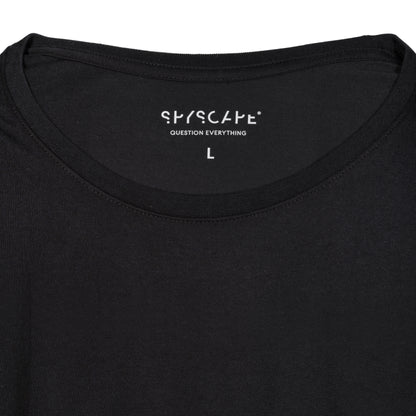 SPYSCAPE Spycatcher T-Shirt with Hidden Zip Pocket - close up of inner neck print with SYSCAPE and QUestion Everything and size