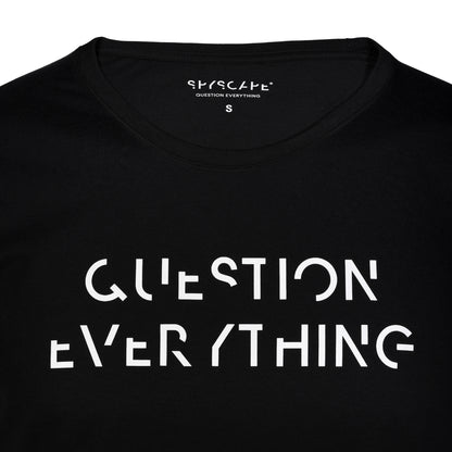 SPYSCAPE Question Everything Black - T-shirt - close up of chest and inner neck print with size